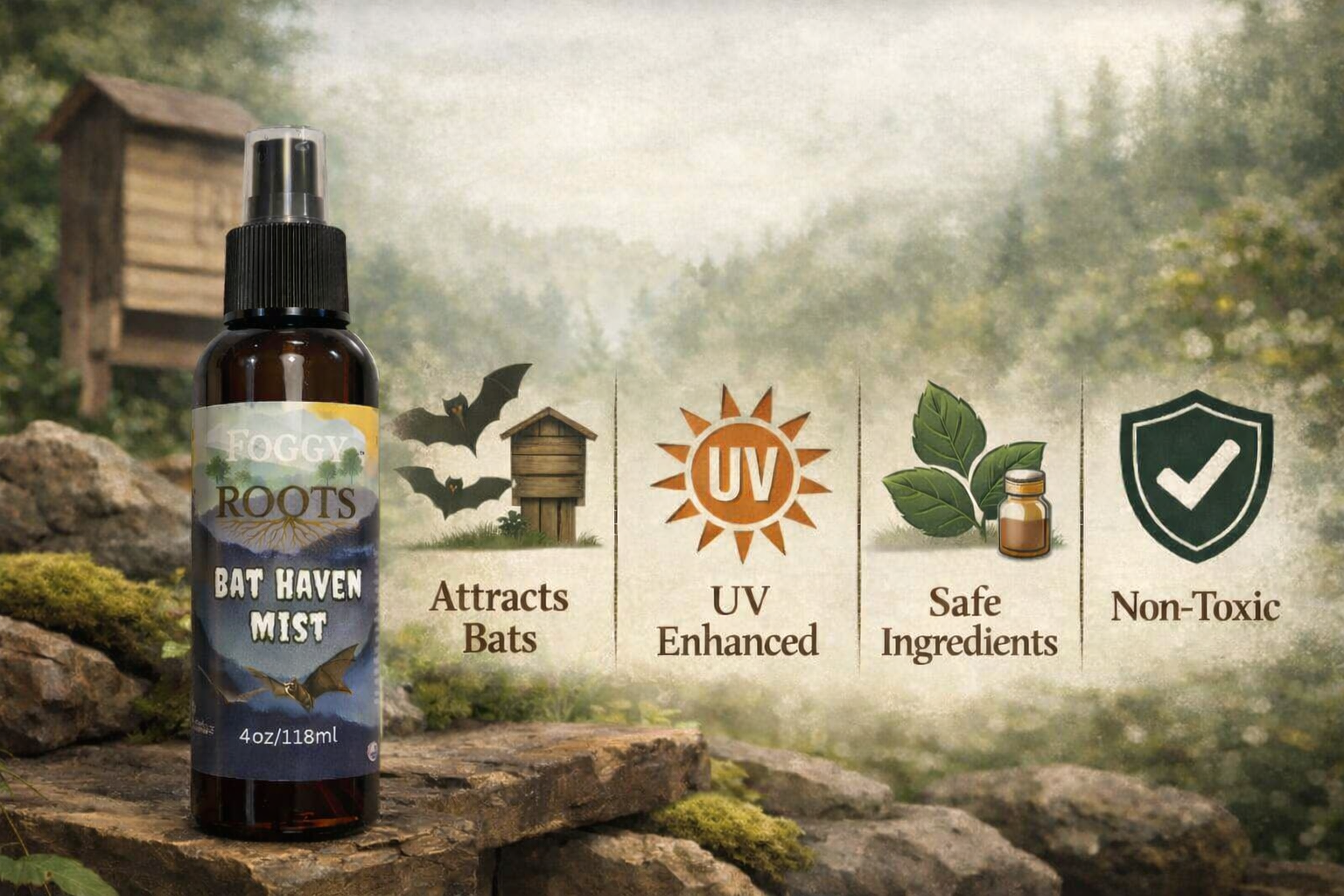 Foggy Roots Bat House Spray:  Bat Haven Mist (4 fl oz)